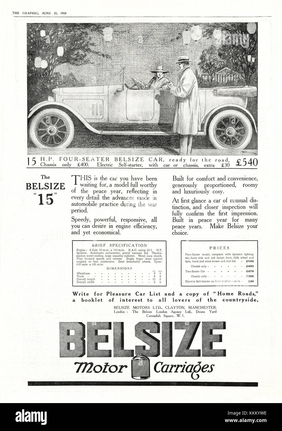 1919 UK Magazin Belsize Autos Anzeige Stockfoto