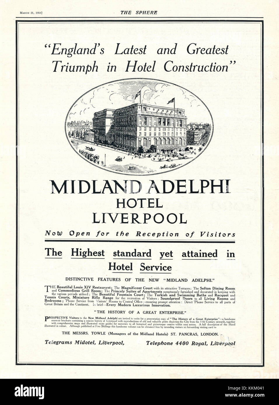 1903 UK Magazin Midland Adelphi Hotel, Liverpool Anzeige Stockfoto