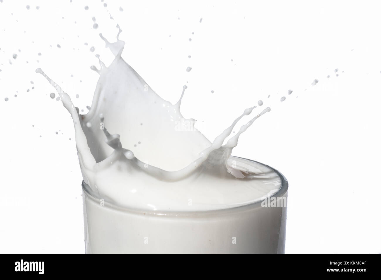 Milch Spritzen aus einem Glas gegen einen weißen Hintergrund. high key. Bewegung. eingefroren. Aktion. Stockfoto