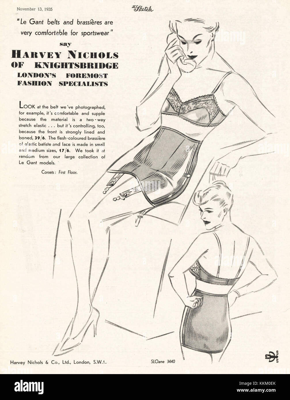 1935 UK Magazin Harvey Nichols Gürtel Advert Stockfoto