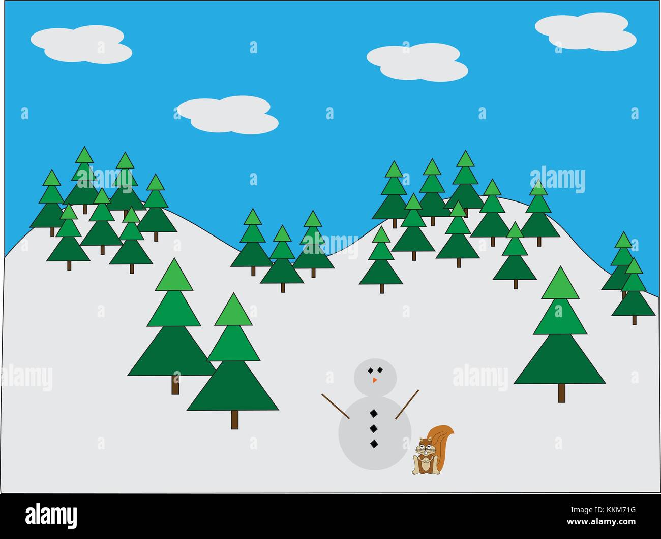 Illustrierte Schneemann und Eichhörnchen im frisch verschneiten Winterwaldes Feld mit blauem Himmel und Wolken. Stock Vektor