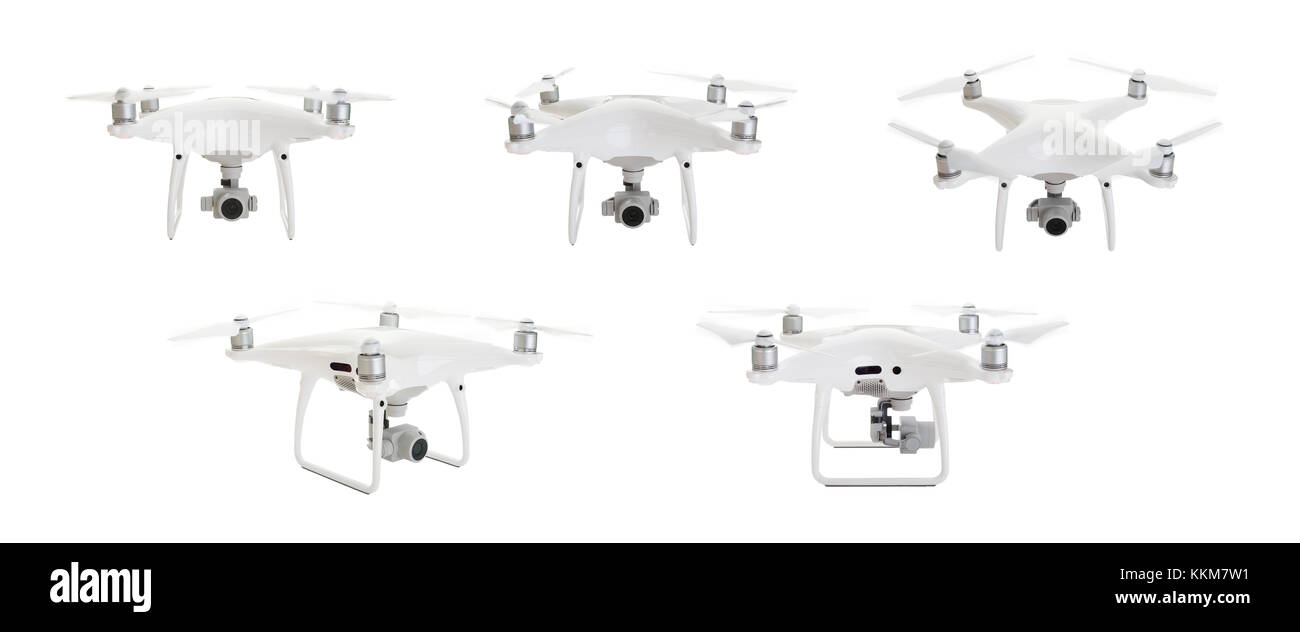 Unbemannte Luftfahrzeuge (UAV) quadcopter Drohnen set 2 von 2 isoliert auf Weiss. Stockfoto