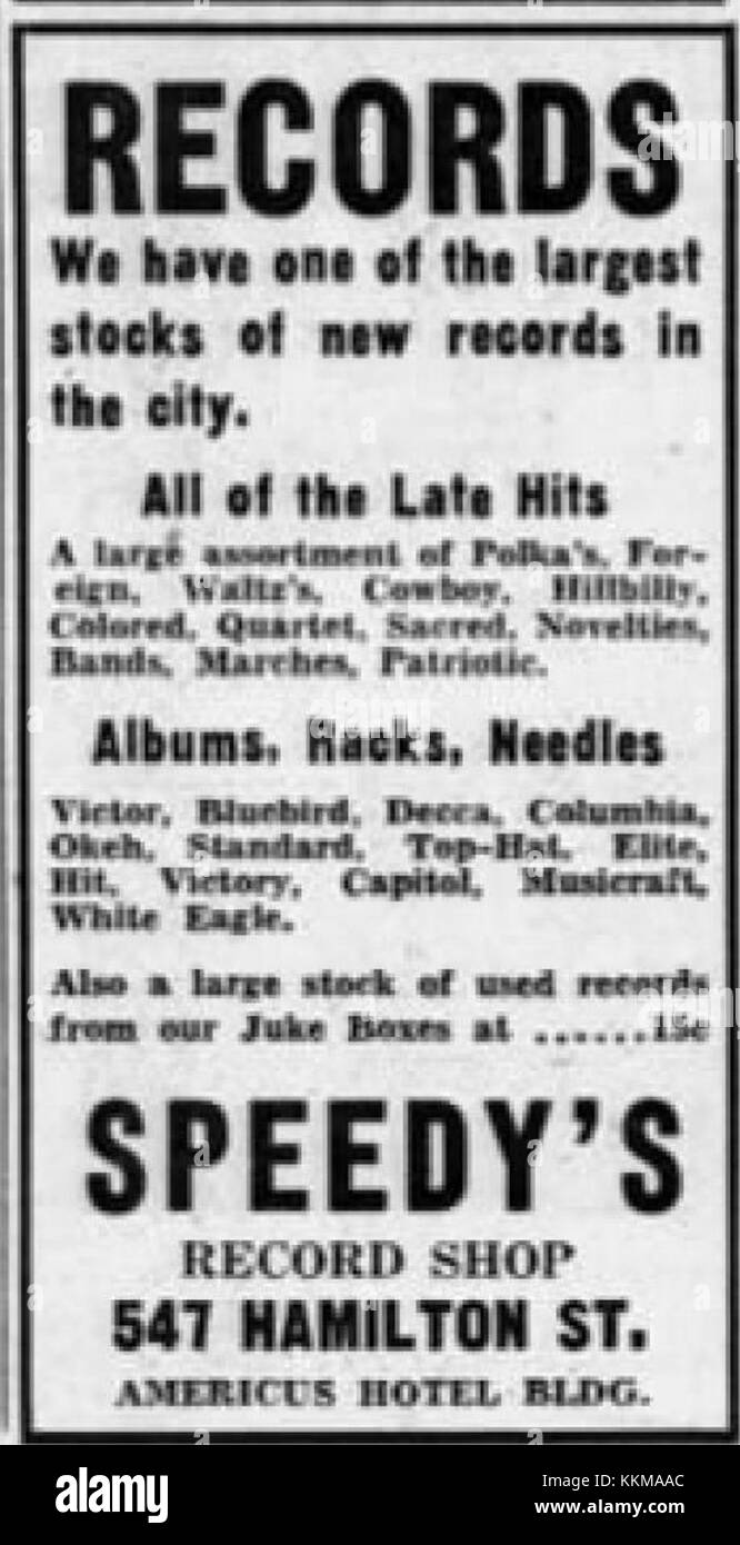 Werbespot von Speedy's Record Shop in Allentown, Pennsylvania, vom 5. Februar 1943, in dem verschiedene Musikplatten geworben wurden. Stockfoto