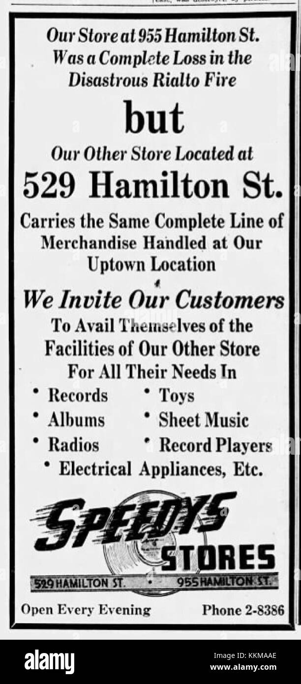 Eine Werbung für den Speedys Record Shop in Allentown, Pennsylvania, 1946, die Konsumkultur und Musiktrends der Nachkriegszeit widerspiegelt. Stockfoto