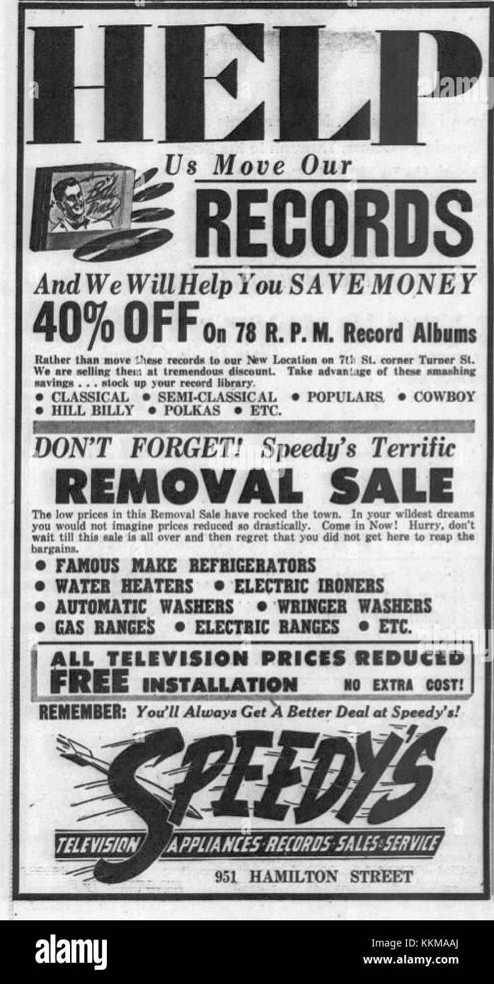 Dieser Werbespot aus dem Jahr 1952 wirbt für Speedys Record Shop in Allentown, Pennsylvania. Es spiegelt die musikalische Kultur der Epoche und das Wachstum der Plattenläden in der Mitte des 20. Jahrhunderts wider. Stockfoto