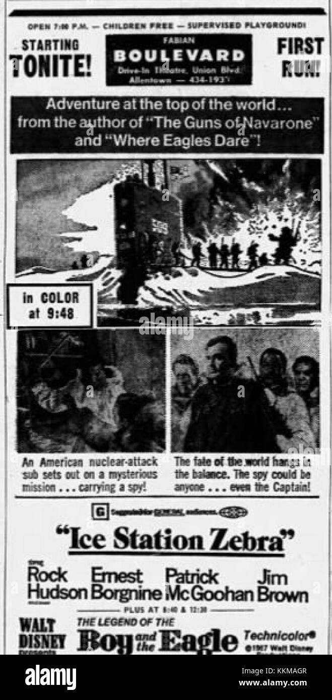 Eine Werbung vom 30. Juli 1969 für den Boulevard Drive-in in Allentown, Pennsylvania. Er spiegelt die amerikanische Filmkultur der 1960er Jahre wider. Stockfoto