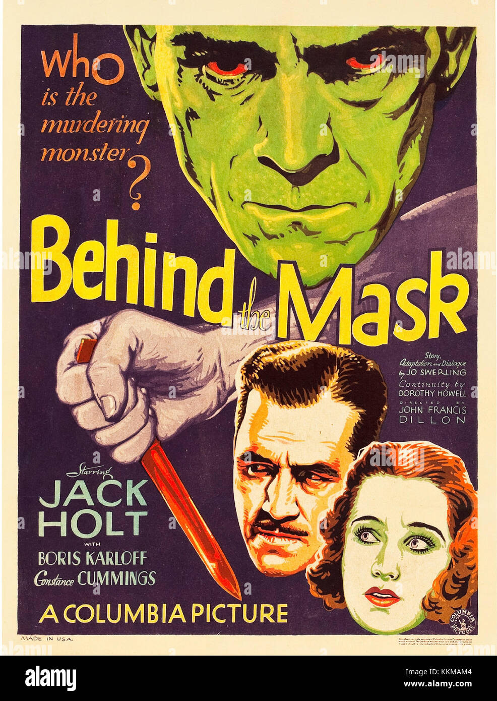 Das Poster für den Film „Behind the Mask“, auf dem die zentralen Themen oder Charaktere dargestellt werden, die wahrscheinlich mit Rätseln oder Dramen zusammenhängen. Stockfoto