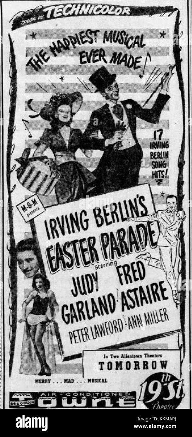 Eine Werbung aus der Ausgabe der Zeitung „Morning Call“ vom 1. September 1948 in Allentown, Pennsylvania, in der die kommenden Filme im 19. Towne Theater geworben werden. Stockfoto