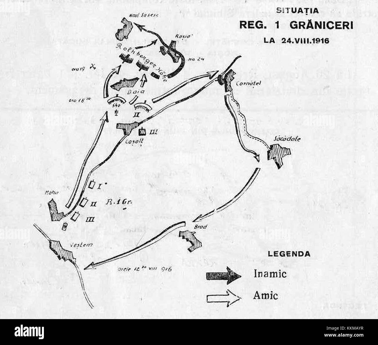 Die 1916 R 1 Graniceri-Referenz markiert ein Ereignis oder eine Dokumentation vom 24. August 1916, die wahrscheinlich mit historischen oder militärischen Zusammenhängen zusammenhängen. Stockfoto