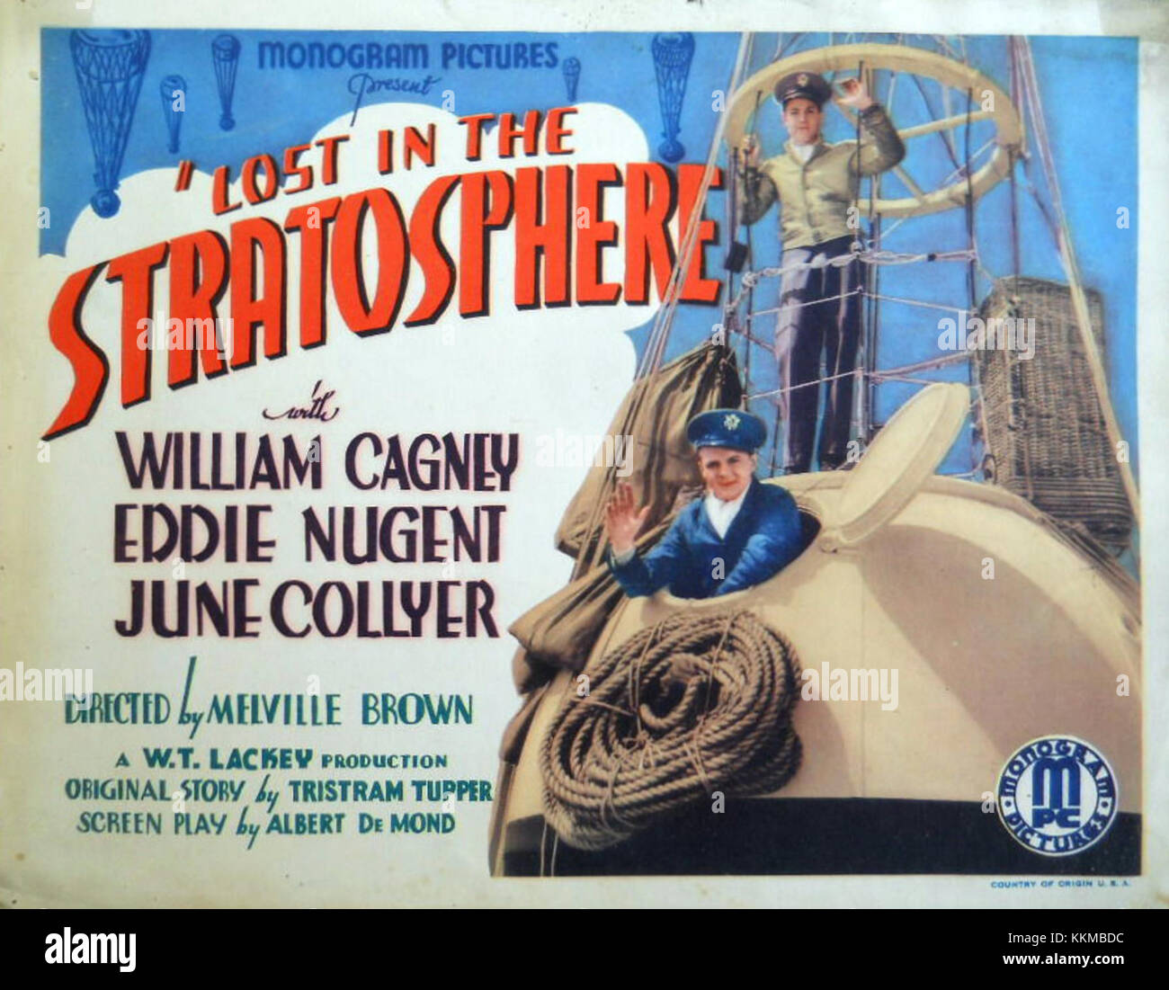 Eine Lobbykarte für den Film *Lost in the Stratosphere* aus dem Jahr 1952 mit einer Szene aus dem Science-fiction-Film. Der Film zeigt Themen der Weltraumforschung und die Herausforderungen, denen Astronauten Mitte des 20. Jahrhunderts gegenüberstanden. Stockfoto