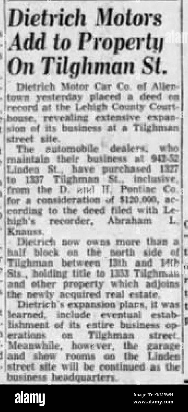 Dieses historische Bild vom 3. November 1955 zeigt die Dietrich Motor Car Company in Allentown, PA. Es spiegelt die Rolle des Automobilunternehmens in der amerikanischen Automobilproduktion Mitte des 20. Jahrhunderts wider. Stockfoto