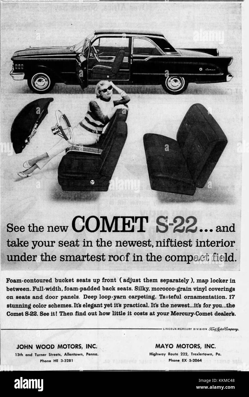 Diese Werbung für John Wood Motors vom April 1961 zeigt Fahrzeuge aus dieser Zeit und spiegelt den Werbestil und die Kultur der Automobilindustrie der frühen 1960er Jahre wider Stockfoto