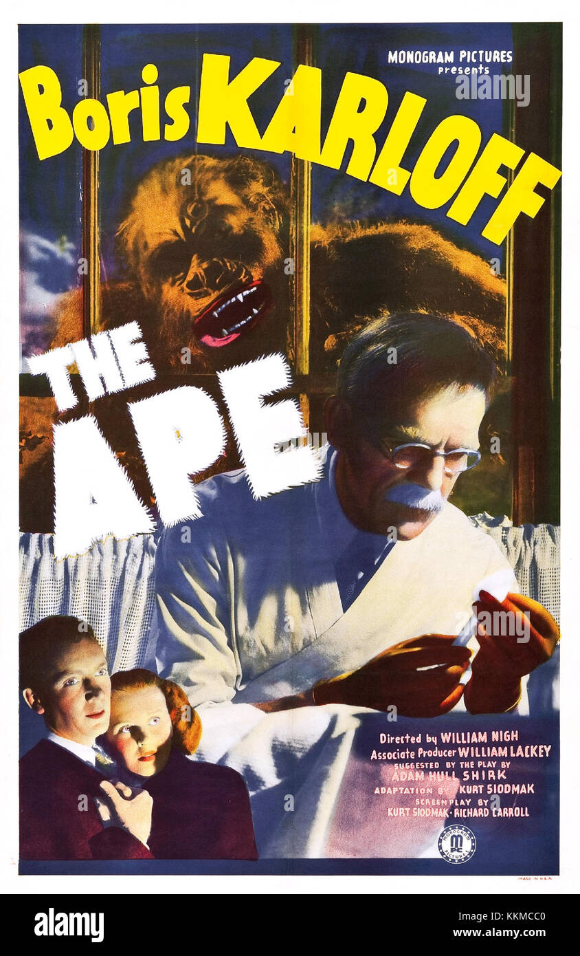 Das Plakat für „der Affe“ aus dem Jahr 1940 ist ein Werbestück für den Horrorfilm, das das Design und die Typografie des Kinos der frühen 1940er Jahre zeigt. Stockfoto