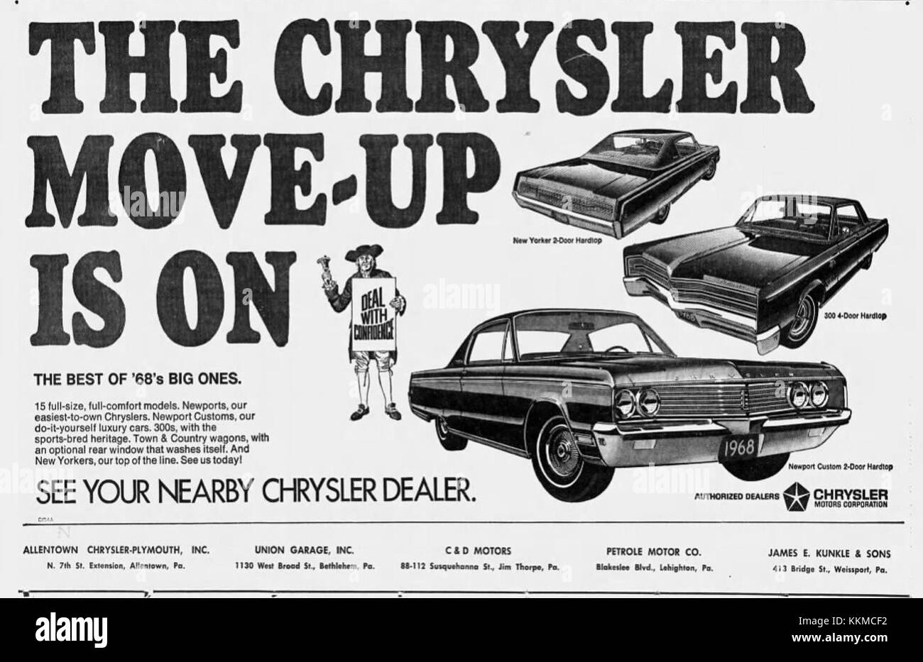 Diese historische Werbung aus dem Jahr 1966 wirbt für Chrysler-Plymouth Fahrzeuge in Allentown, Pennsylvania. In der Anzeige werden verschiedene Fahrzeugmodelle und Angebote des Chrysler-Plymouth-Händlerbetriebs hervorgehoben. Stockfoto