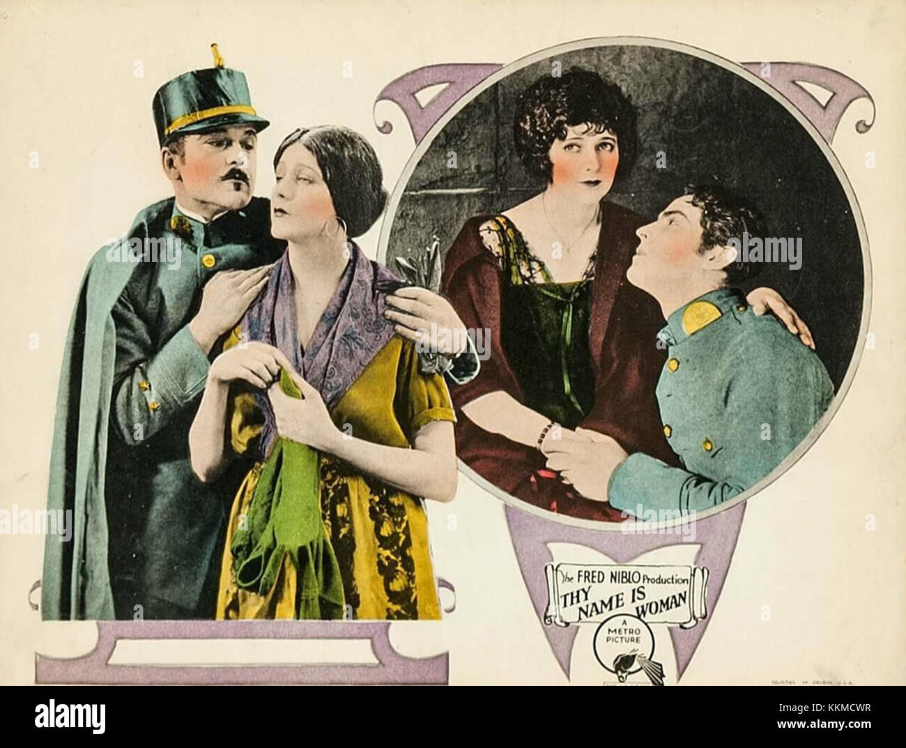 Eine Vintage-Lobbykarte aus dem Film *Thy Name is Woman* aus dem Jahr 1942, einem romantischen Drama, das sich mit Themen wie Liebe und Opferbereitschaft befasst. Die Karte zeigt die wichtigsten Momente und Charaktere des Films. Stockfoto