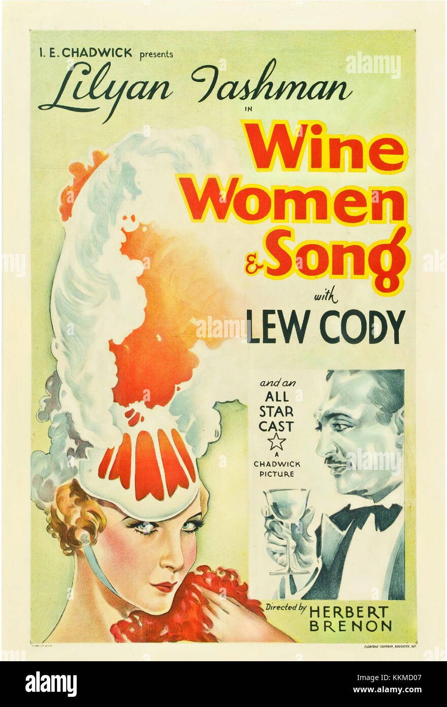 Dieses Vintage-Poster aus dem Film „Wine, Women, and Song“ fängt den Reiz und den Charme der 1930er Jahre ein, als das Kino Romantik, Komödie und Musik auf eine unbeschwerte Art und Weise vermischte. Es verfügt über ein klassisches Werbedesign, typisch für diese Zeit. Stockfoto