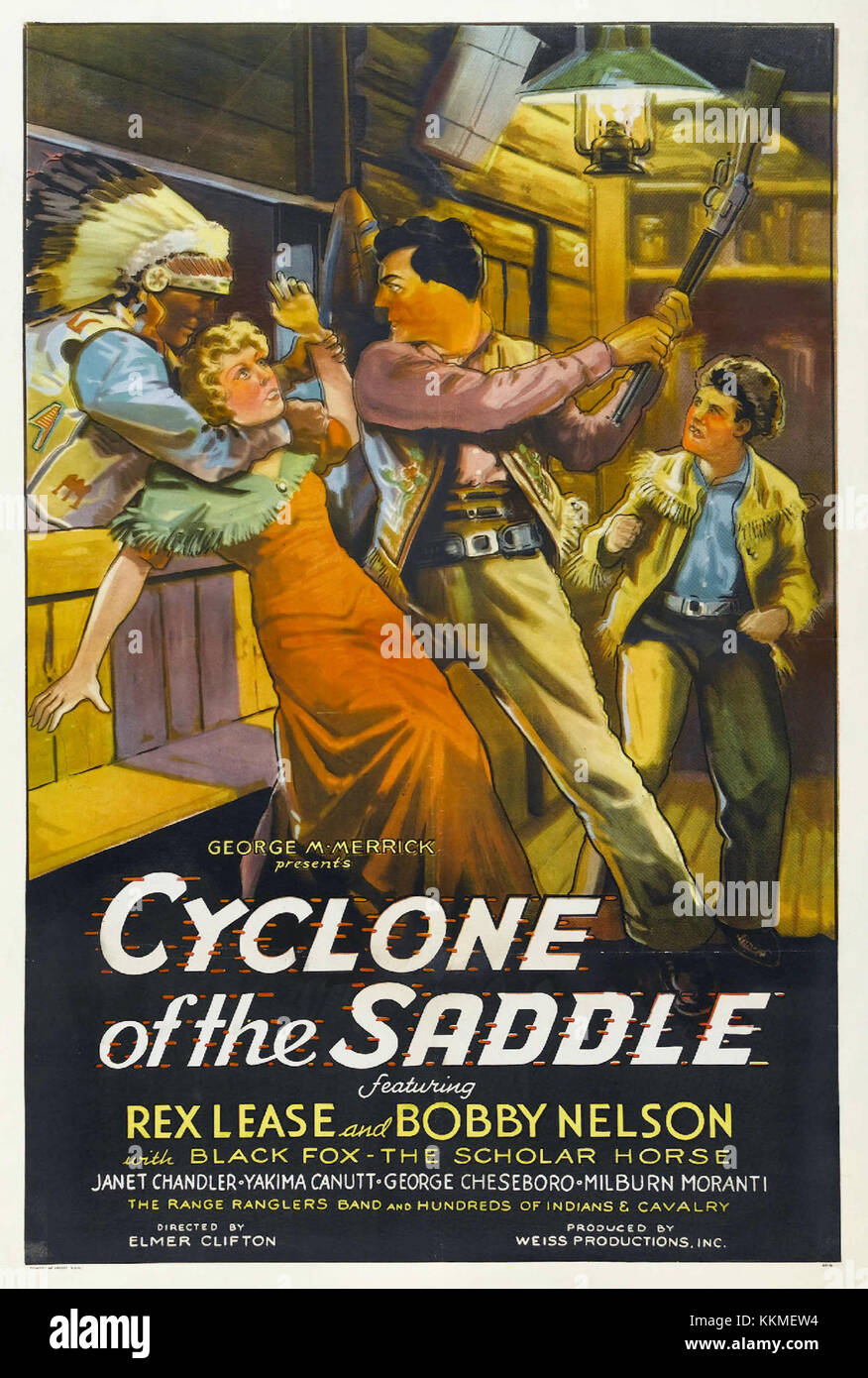 Dieses Vintage-Poster mit dem Titel „Zyklon des Sattels“ wirbt für eine Veranstaltung im Western-Stil und zeigt eine dramatische Szene voller Reiten und Spannung. Es ist ein bemerkenswertes Beispiel für die amerikanische Veranstaltungsförderung des frühen 20. Jahrhunderts. Stockfoto