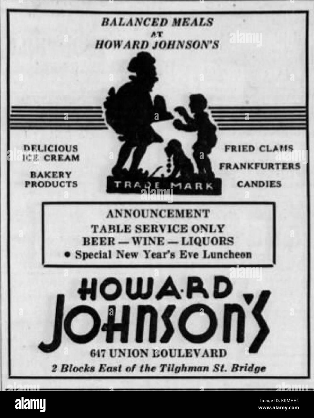 Ein Werbeband aus dem Jahr 1941 mit Howard Johnson's, einer beliebten amerikanischen Restaurantkette. Das Cover stammt aus dem 31. Dezember 1941 in Allentown, PA, und zeigt ein Stück Americana aus dieser Zeit. Stockfoto