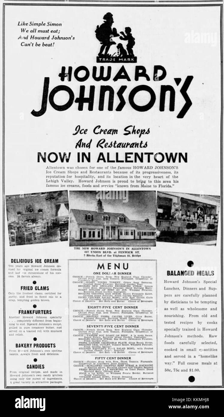 Bild des Howard Johnson's Restaurants in Allentown, Pennsylvania, vom 17. Mai 1941. Das Foto zeigt das ikonische Gebäude mit orangefarbenem Dach, ein Markenzeichen der amerikanischen Restaurants am Straßenrand Mitte des 20. Jahrhunderts. Stockfoto