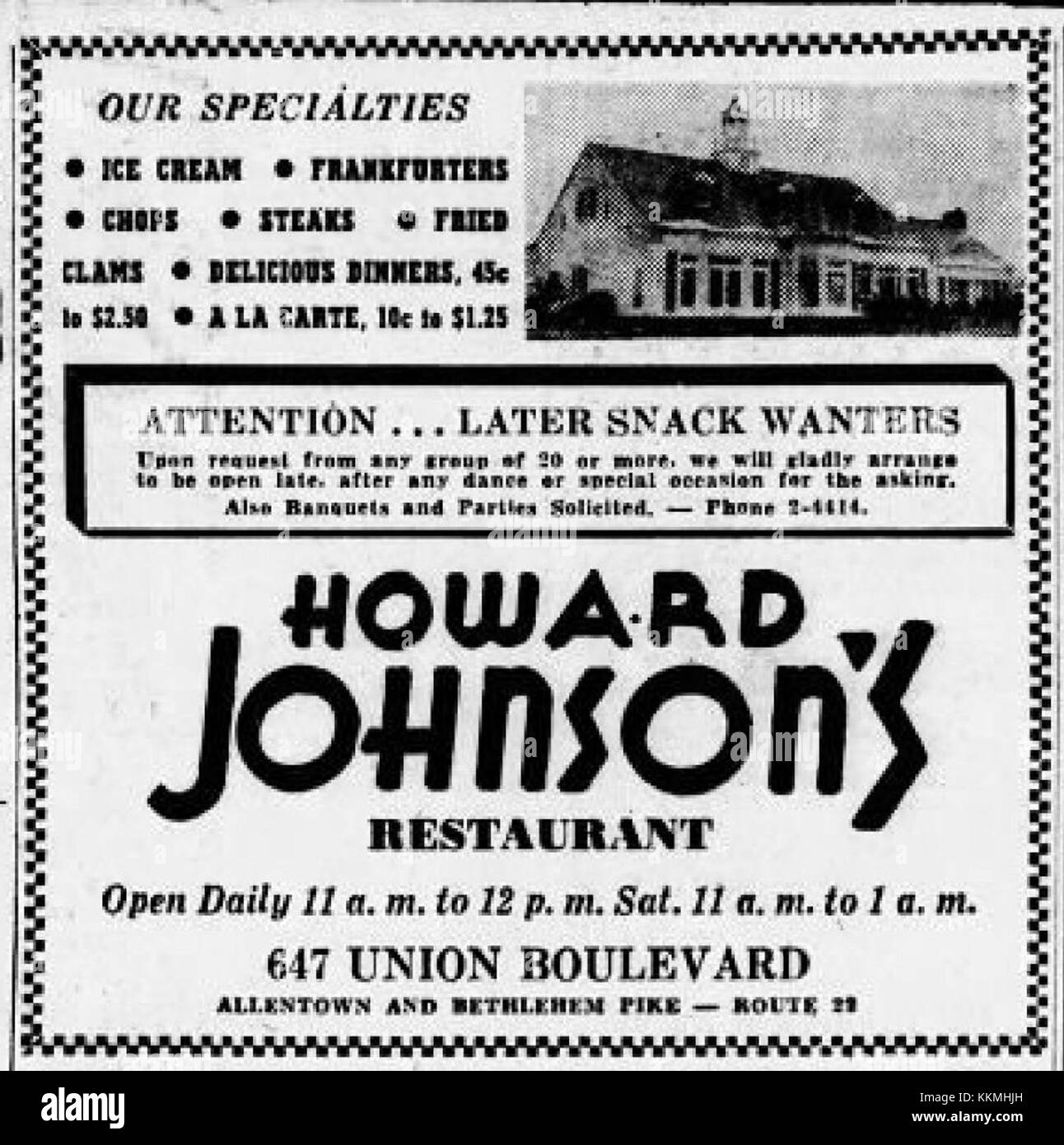 Eine historische Referenz an Howard Johnsons Restaurantkette am 9. März 1946 in Allentown, Pennsylvania, markiert einen bemerkenswerten Moment in der Geschichte der Kette. Stockfoto
