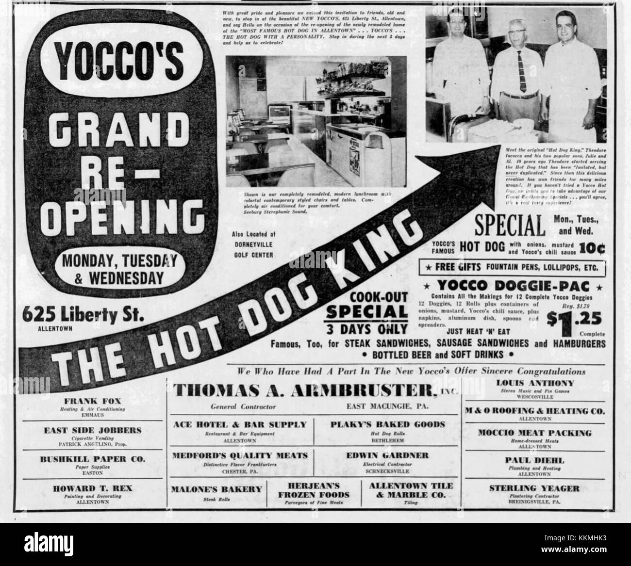 Eine Werbeanzeige für Yocco's Hot Dogs, ein bekanntes Restaurant in Allentown, Pennsylvania, ab dem 1. Juni 1959. Dieses Bild spiegelt wahrscheinlich die Popularität der Marke während dieser Zeit wider. Stockfoto