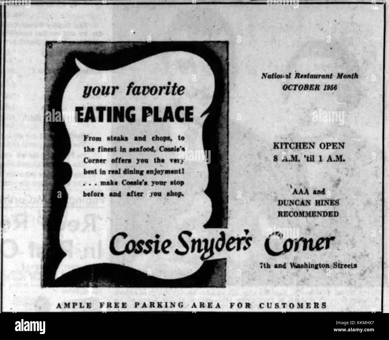 1956 - Cossie Snyders Corner - 30. September MC - Allentown PA Stockfoto