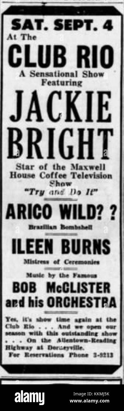 Die Veranstaltung im Club Rio am 4. September 1948 in Allentown, PA, bezieht sich auf ein historisches Treffen oder eine Vorstellung, die an diesem Ort stattfand. Die Veranstaltung zeichnet sich durch ihre kulturelle und soziale Bedeutung in der Nachkriegszeit aus. Stockfoto