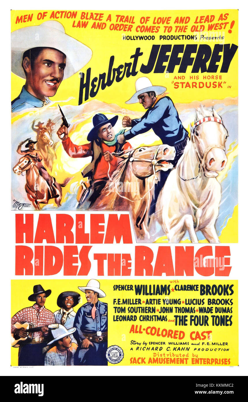 Das Poster für „Harlem Rides the Range“ (1939) zeigt einen klassischen Western-Film mit einer afroamerikanischen Besetzung. Der Film war Teil des kulturellen Wandels der 1930er Jahre und reflektierte den ethnischen Fortschritt in Hollywood zu dieser Zeit. Stockfoto