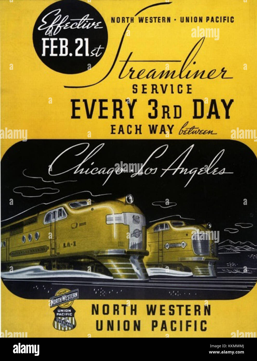 Diese Werbung aus dem Jahr 1938 wirbt für den Zugdienst der Stadt Los Angeles und hebt seine Verbindung mit der C&NW und DER UP Railway hervor und zeigt die Verkehrs- und Reisekultur des frühen 20. Jahrhunderts. Stockfoto