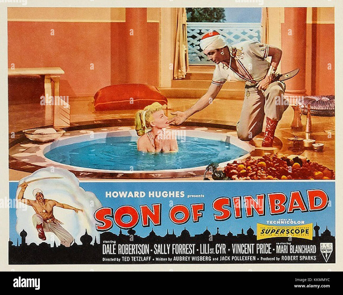 Der Film „Son of Sinbad“ aus dem Jahr 1955 wird auf diesem Vintage-Filmplakat gezeigt, das eine abenteuerliche Handlung in der Tradition der Arabischen Nächte zeigt. Stockfoto