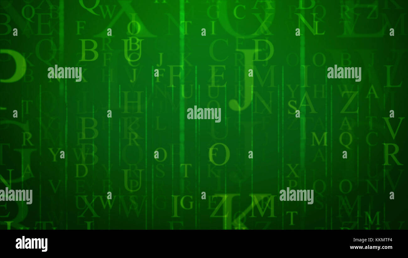 Eine volumetrische 3d-Abbildung der fliegenden Buchstaben des lateinischen Alphabets im grünen Cyberspace platziert. Sie sind in verschiedenen Größen und Formen. Sie schauen lik Stockfoto