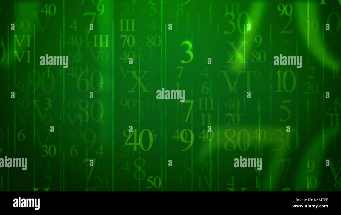 Eine volumetrische 3D-Rendering des Fliegens Ziffern der Lateinischen und Arabischen Ursprungs im grünen Cyberspace platziert. Sie sind in verschiedenen Größen und Formen. Sie loo Stockfoto