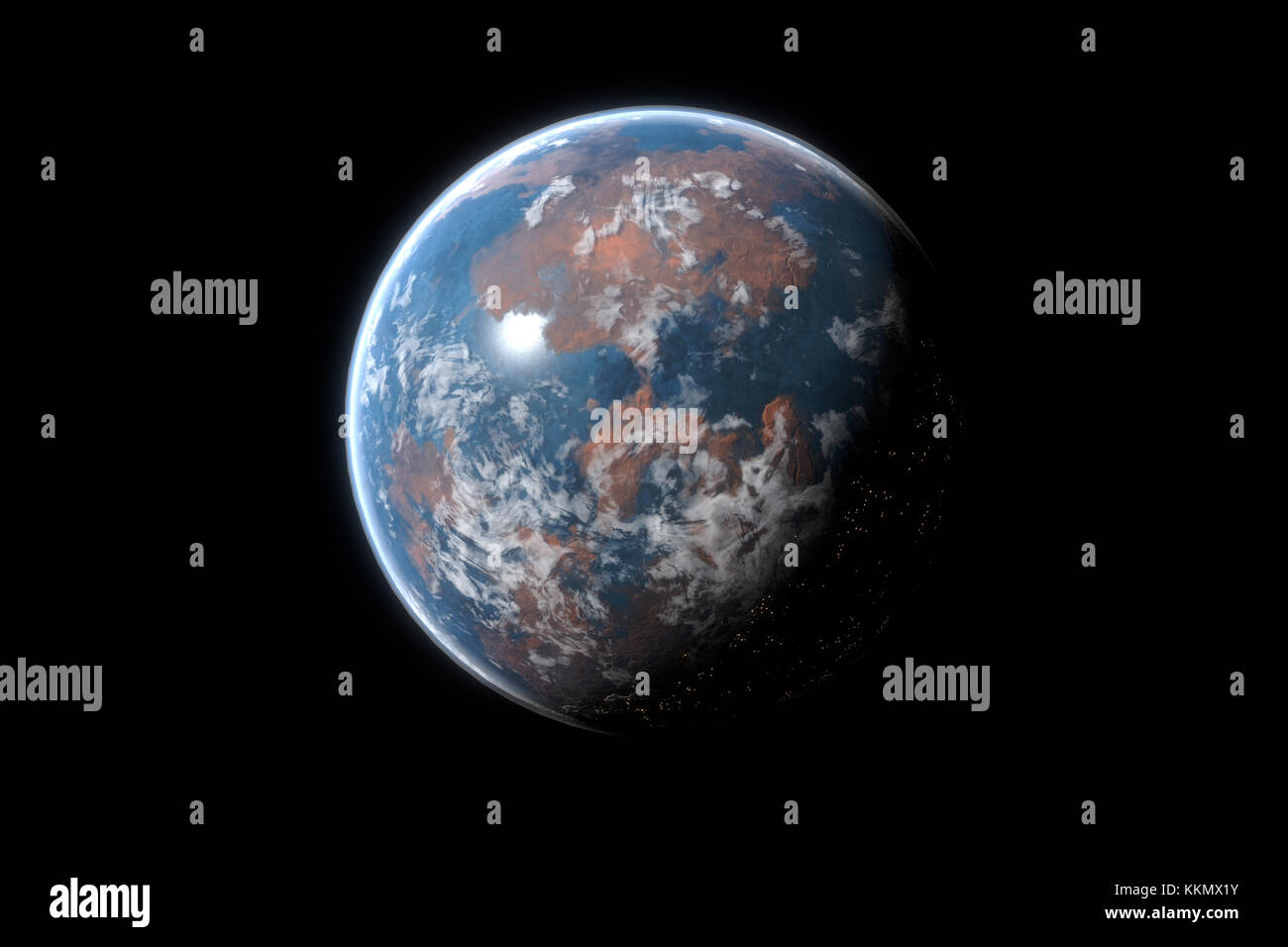 Dieses Bild stellen eine generische Desert Planet oder exoplanet mit Atmosphäre und Leben. Es handelt sich um einen realistischen 3D-Rendering Stockfoto