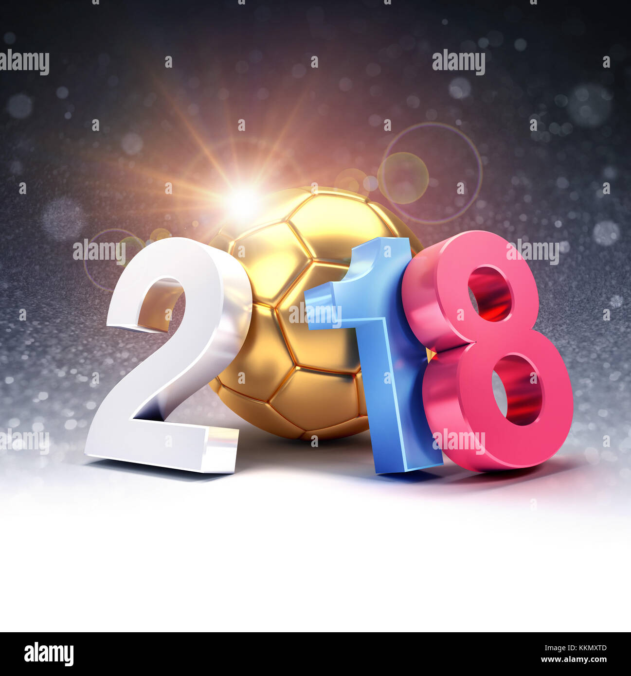 Jahr 2018, komponiert mit einem gold Fußball scheint auf glitzernden schwarzen Hintergrund. 2018 internationale Fußball-Event. 3D-Darstellung Stockfoto