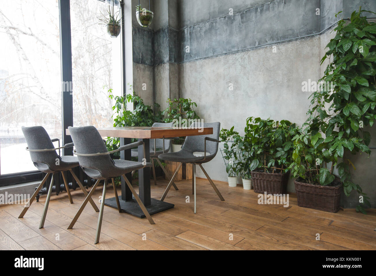 Cafe Interieur mit Einrichtung in Grün Stockfoto