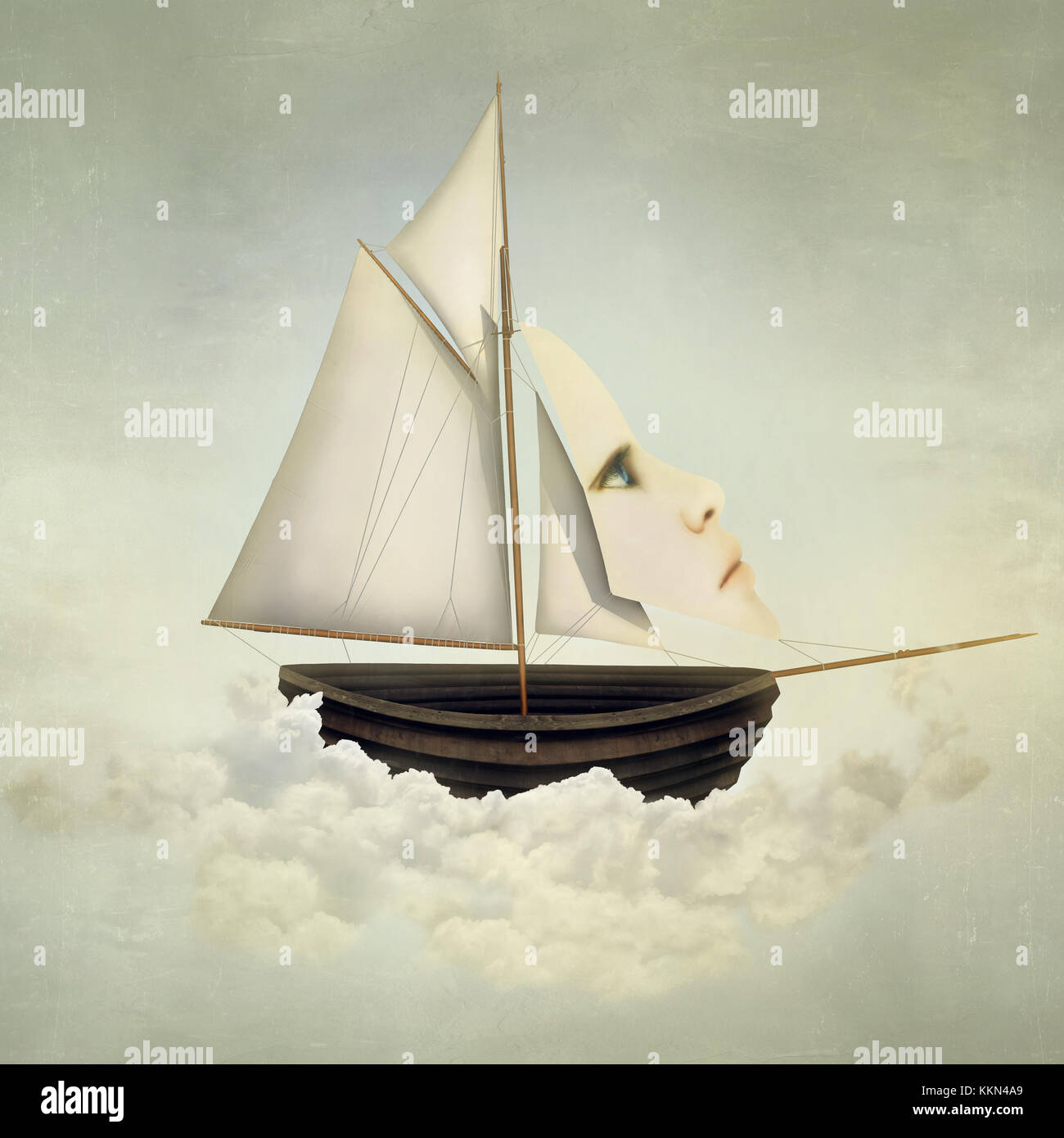 Surreales Schiff über den Wolken mit vollem Segel und einem Segel mit weiblichem Gesicht Stockfoto
