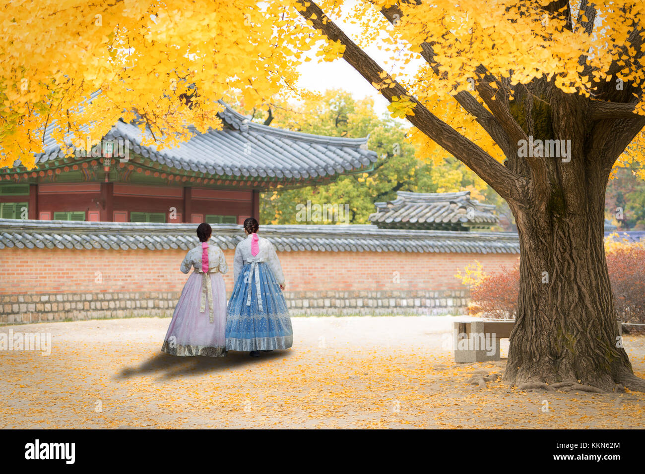 Asiatische koreanische Frau gekleidet hanbok in traditioneller Kleidung wandern in Gyeongbokgung Palast im Herbst Saison in Seoul, Südkorea. Stockfoto