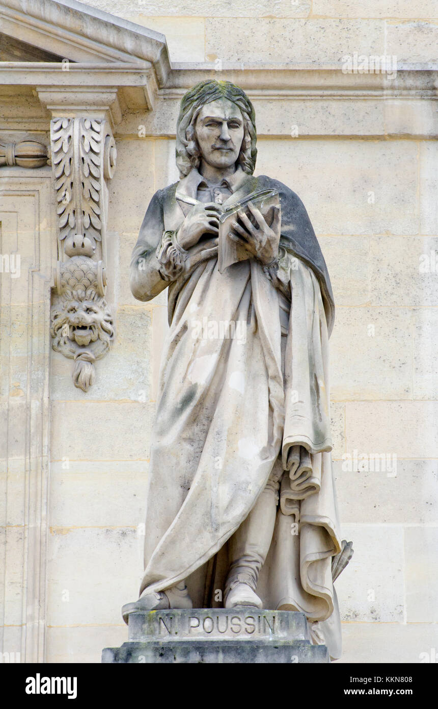 Paris, Frankreich. Palais du Louvre. Statue im Cour Napoleon: Nicolas Poussin (1594-1665), die Maler der klassischen französischen Barock Stockfoto