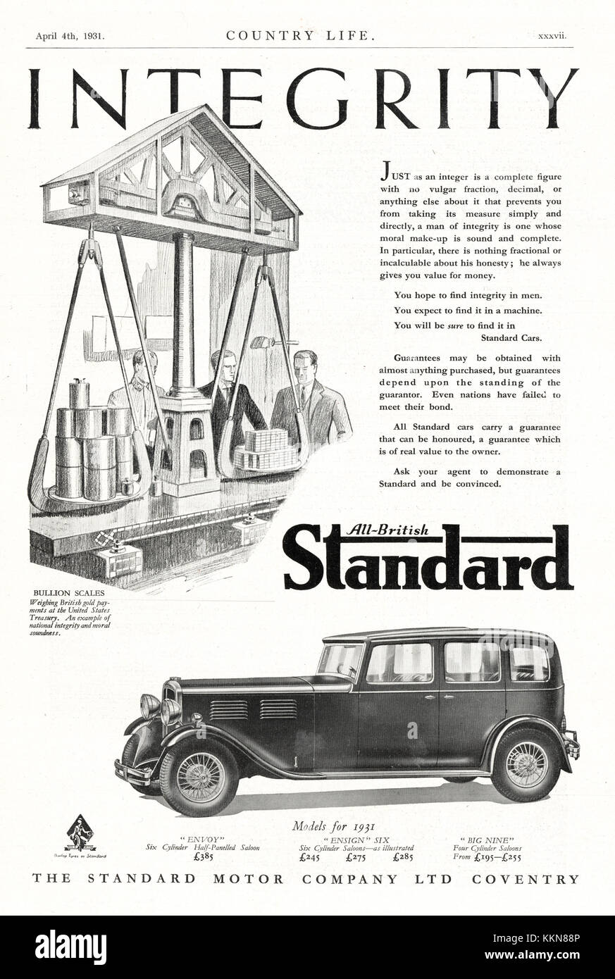 1931 UK Magazin Standard 16 De Luxe Motor Company Anzeige Stockfoto