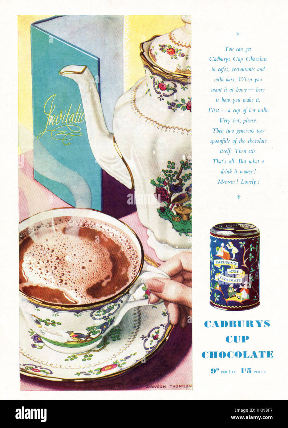 1939 UK Magazin Cadburys Tasse Schokolade Werbung Stockfoto