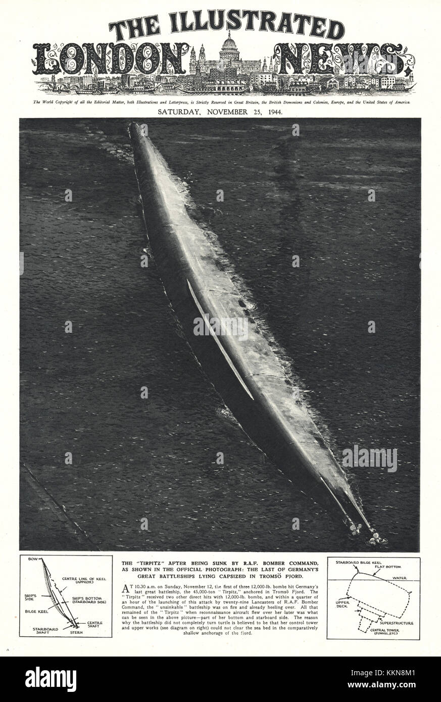 1944 Illustrated London News deutsche Schlachtschiff Tirpitz gesunken Stockfoto