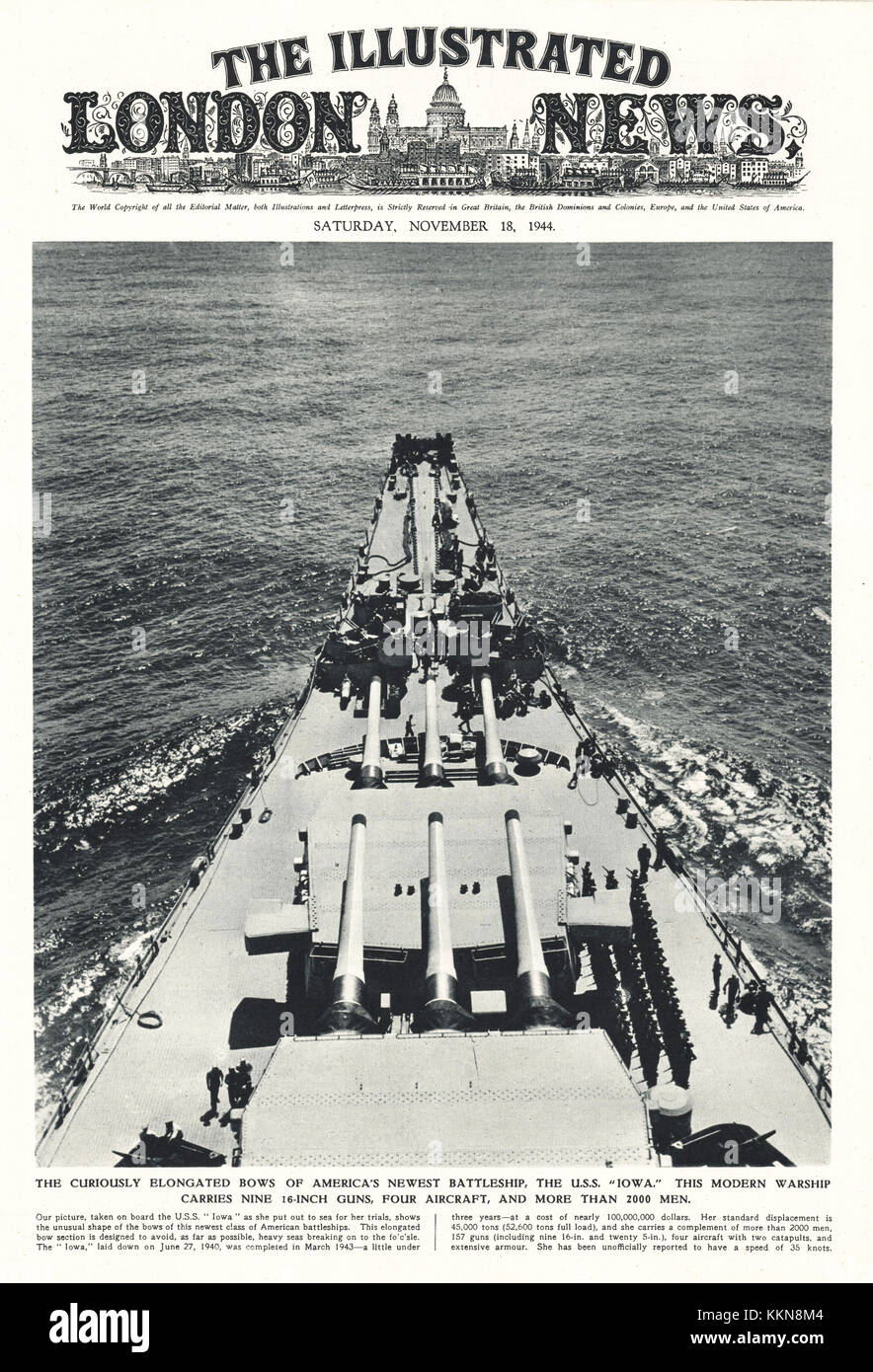 1944 Illustrated London News das Sandmännchen, Kanonen von US Navy Battleship USS Iowa Stockfoto