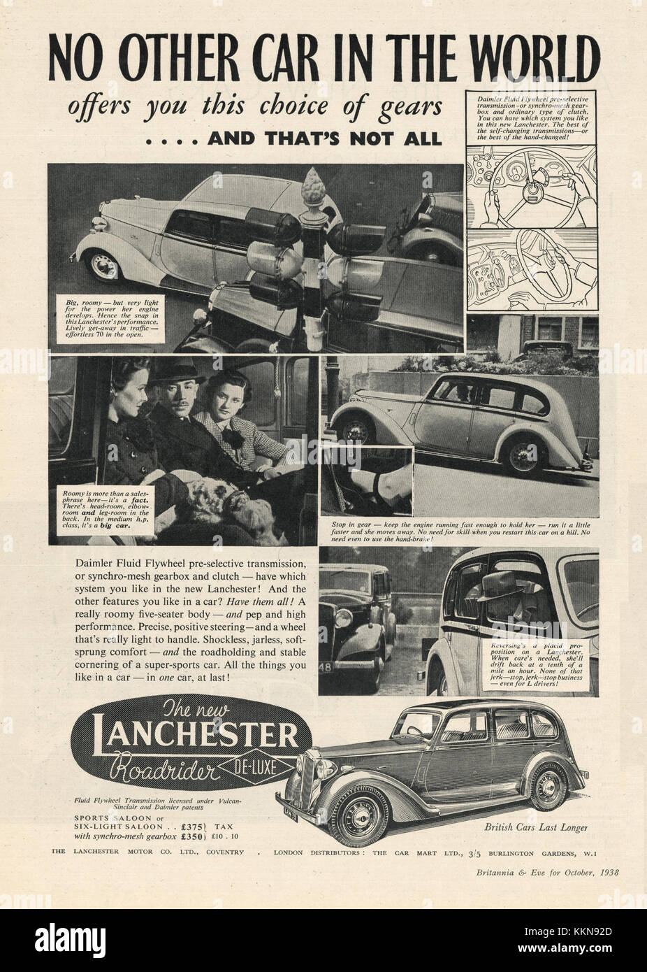 1938 UK Magazin Lanchester Auto Anzeige Stockfoto