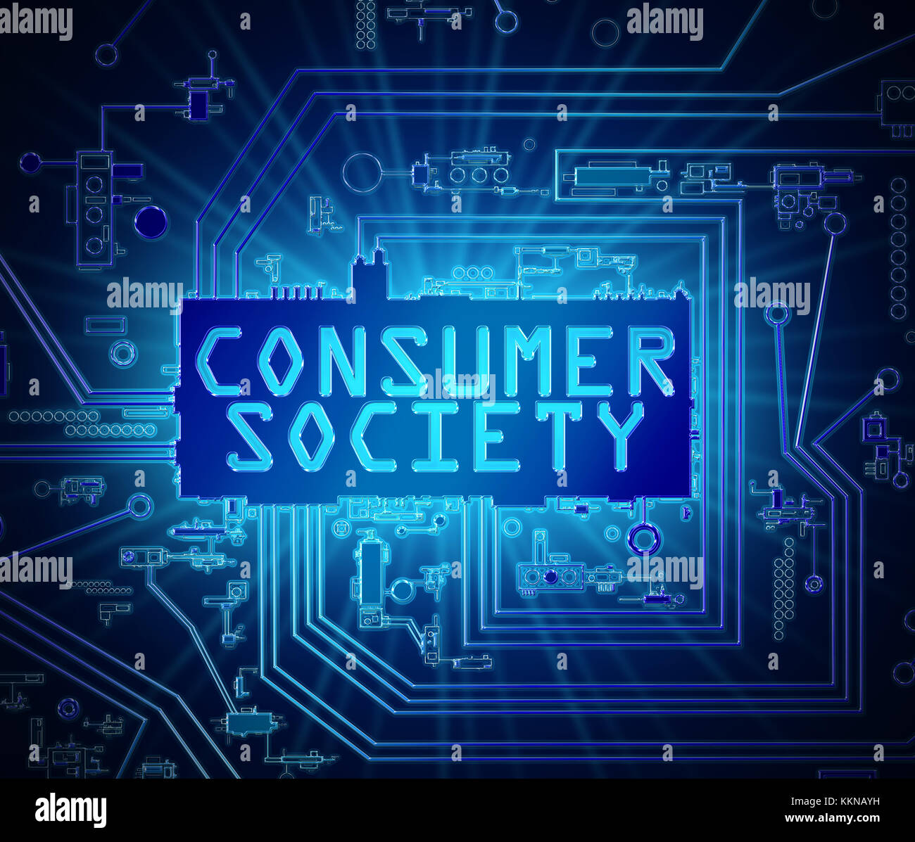 3D-Darstellung von abstrakten iillustration Platine Komponenten mit einer Konsumgesellschaft Konzept. Stockfoto