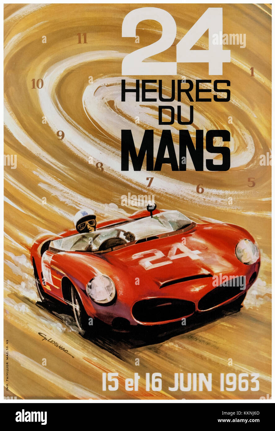 "24 Heures du Mans 15 et 16 Juin 1963" Plakat illustriert von G. Laygnac und zeigt ein Ferrari 330 TRI/LM Spyder Rennsportwagen, der Sieg von Olivier Gendebien und Phil Hill im Vorjahr gefahren wurde. Weitere Informationen finden Sie unten. Stockfoto
