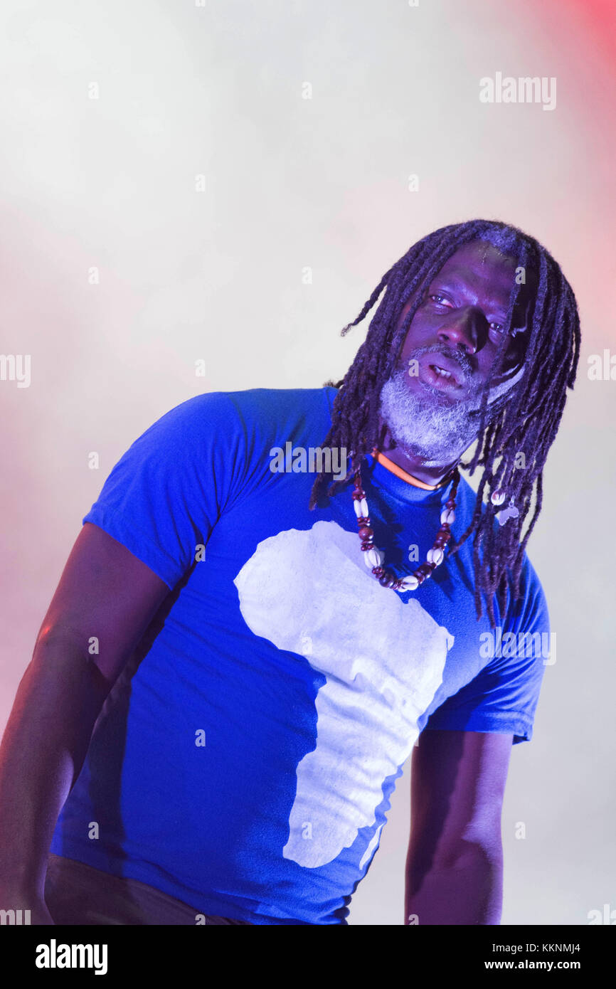 Côte d'Ivoire reggae Sänger Tiken Jah Fakoly auf der Bühne anlässlich der 8. Ausgabe der Aluna Festival in Ruoms (Frankreich), 2015/06/1. Stockfoto