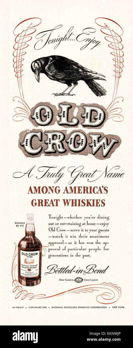 1940 US-Zeitschrift alte Krähe Whisky Anzeige Stockfoto