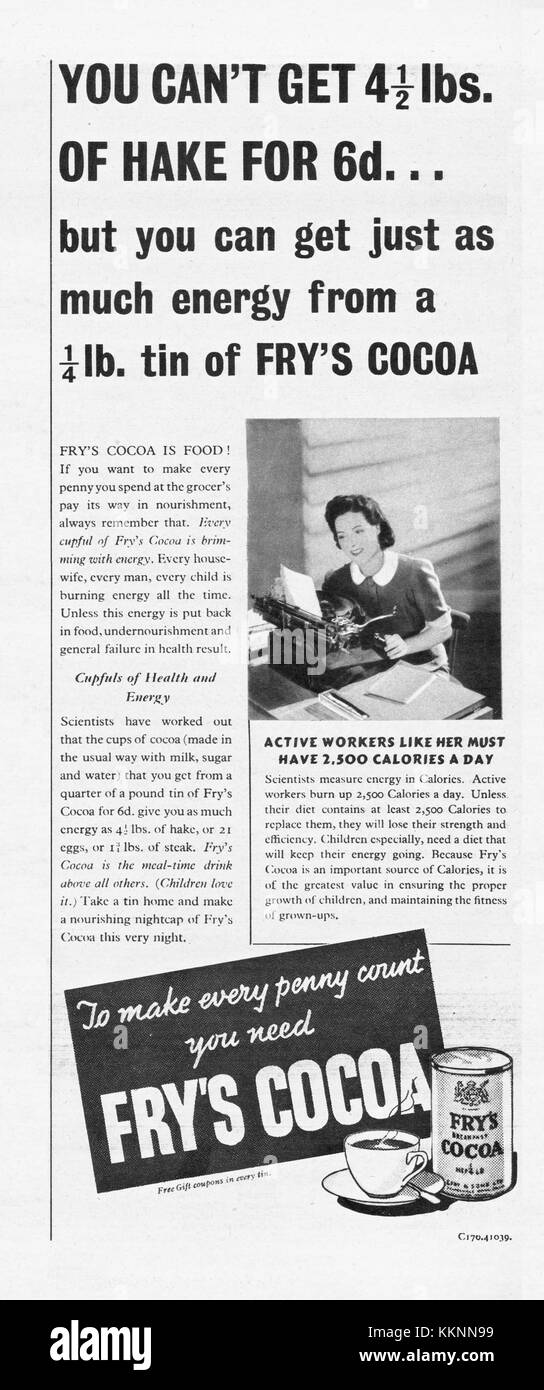 1939 Großbritannien, das die Zeitschrift Fry Kakao Advert Stockfoto