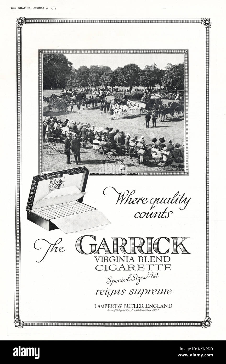 1924 UK Magazin Das garrick Zigaretten Anzeige Stockfoto