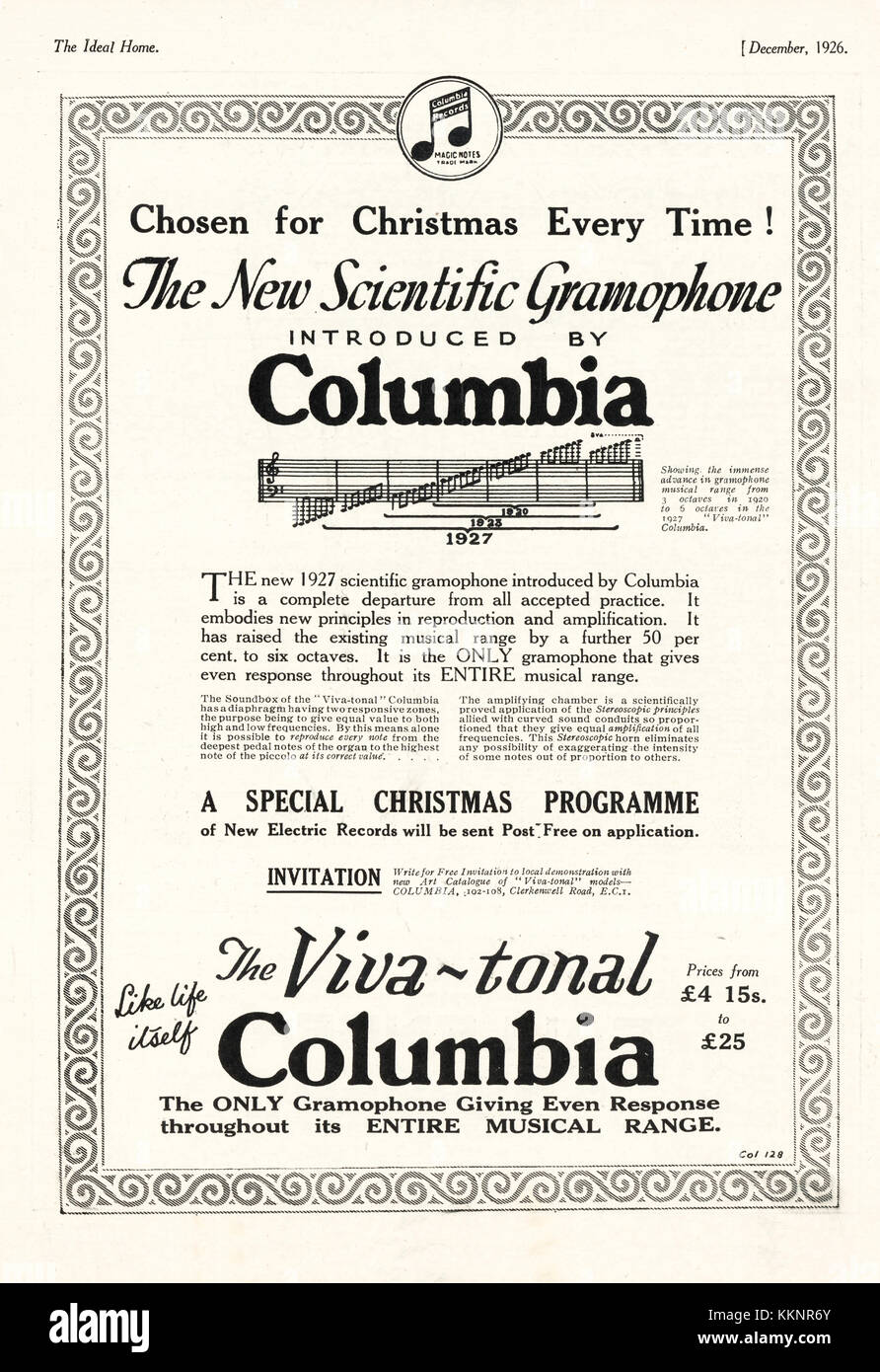 1926 UK Magazin Columbia Grafonola Advert Stockfoto